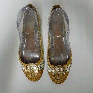 Tory Burch Chelsea Leather Woven Logo flats slides mustard white Size Sz 8.5